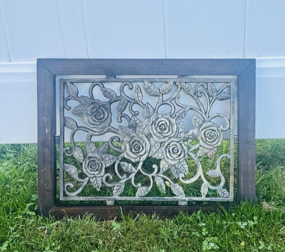 Antique Iron Floral Wooden Wall Décor Window Panel Frame Original  16.5”x13.75”